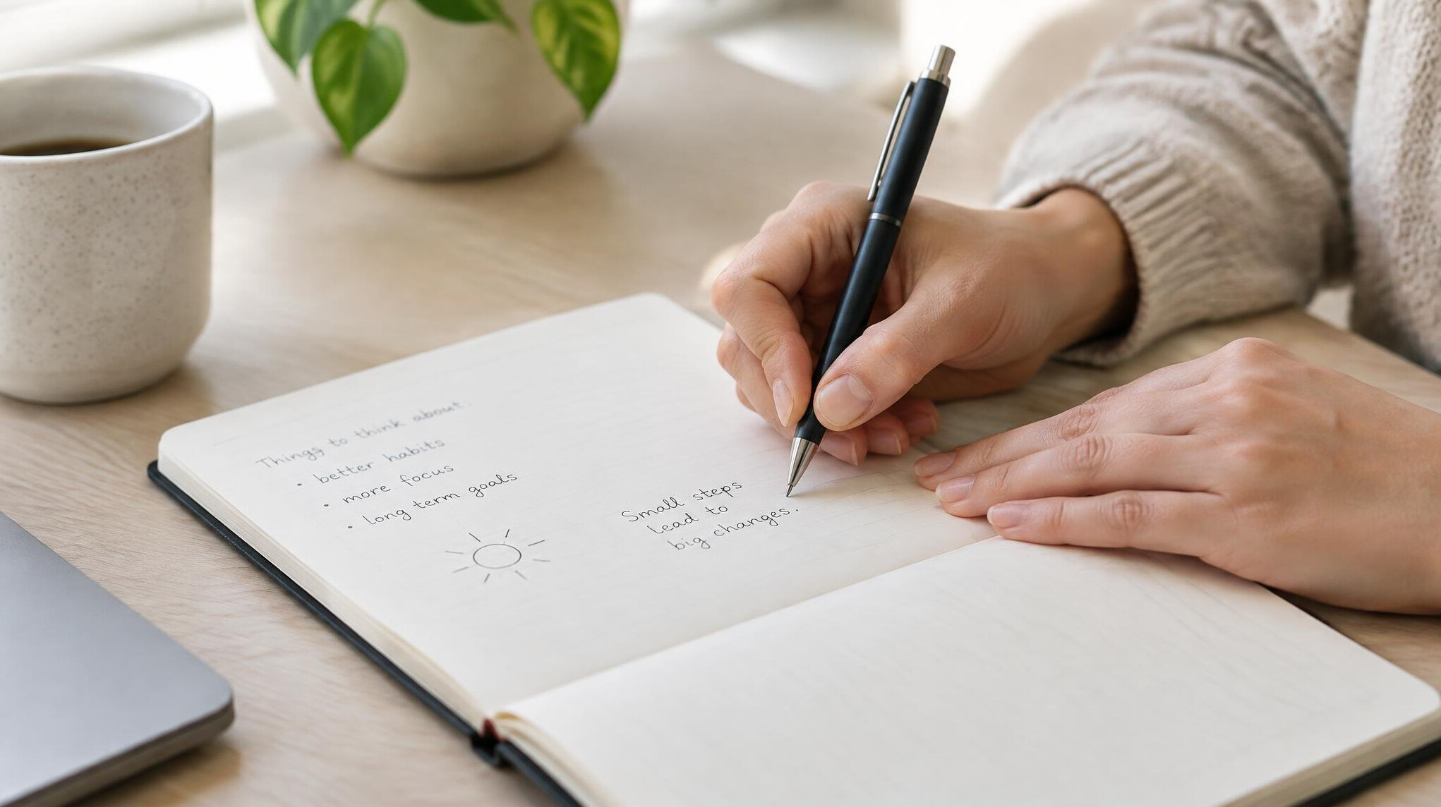 Hands writing in a notebook with a pen