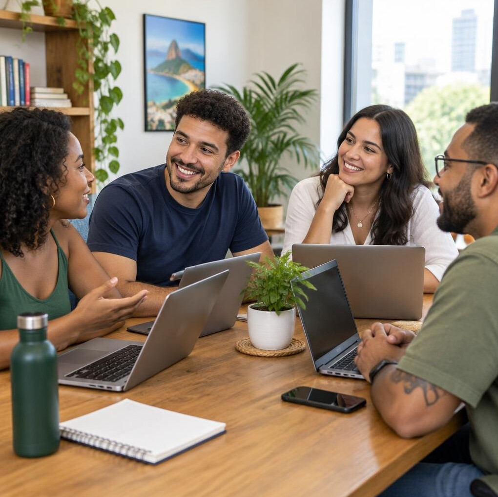 Group of colleagues talking around a table with laptops