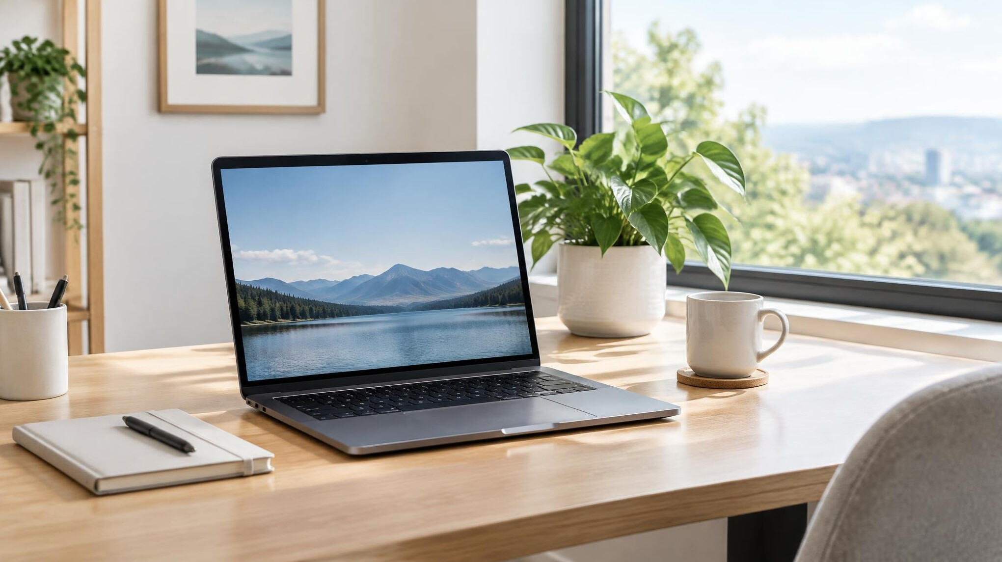 Laptop on a desk in a bright home office